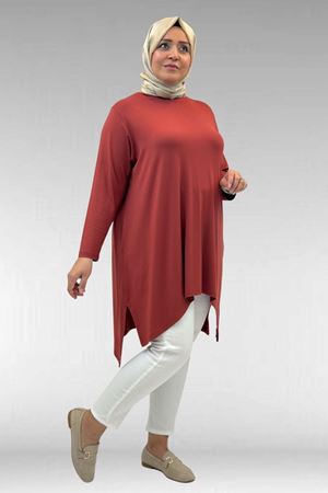 58070 Büyük Beden Asimetrik Kesim Penye Tunik - Kiremit