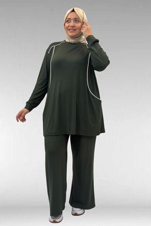 67012 Büyük Beden Biye Detaylı Penye Pantolonlu Takım - Haki