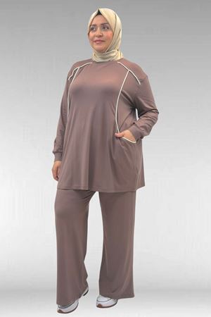 67012 Büyük Beden Biye Detaylı Penye Pantolonlu Takım - Vizon