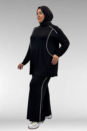 67012 Büyük Beden Biye Detaylı Penye Pantolonlu Takım - Siyah