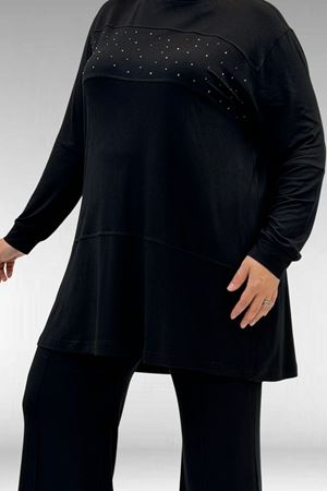 67021 Büyük Beden Taş Baskı Detaylı Parçalı Pantolonlu Takım - Siyah