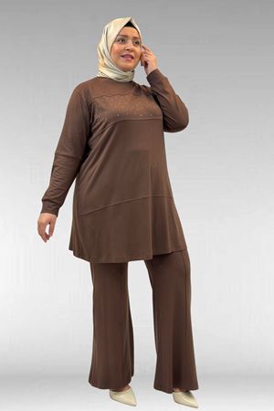 67021 Büyük Beden Taş Baskı Detaylı Parçalı Pantolonlu Takım - Kahve