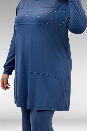 67021 Büyük Beden Taş Baskı Detaylı Parçalı Pantolonlu Takım - Petrol