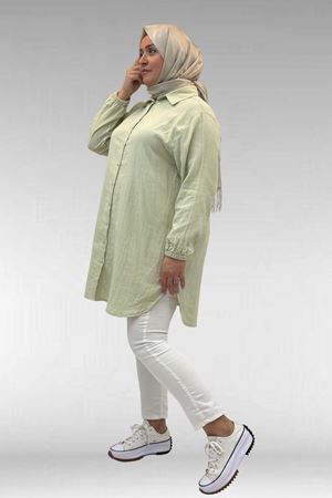 58091 Büyük Beden Kolları Lastikli Müslin Gömlek - Su Yeşili