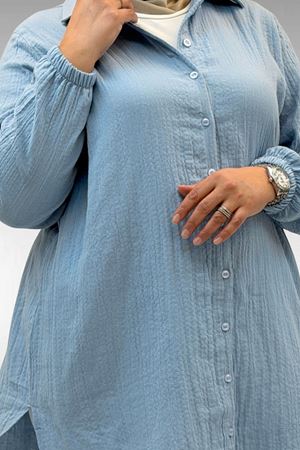 58091 Büyük Beden Kolları Lastikli Müslin Gömlek - Bebe Mavi