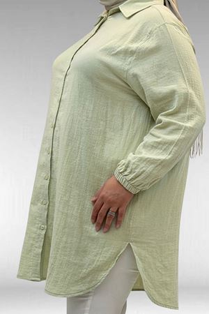 58091 Büyük Beden Kolları Lastikli Müslin Gömlek - Su Yeşili