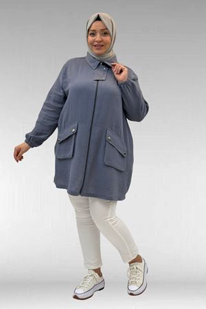 63001 Büyük Beden Cep Ve Patı Çıtçıt Detaylı Müslin Ceket - Antrasit