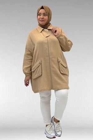 63001 Büyük Beden Cep Ve Patı Çıtçıt Detaylı Müslin Ceket - Bej
