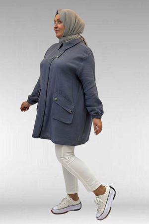 63001 Büyük Beden Cep Ve Patı Çıtçıt Detaylı Müslin Ceket - Antrasit