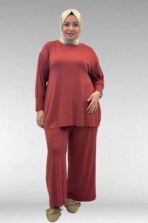 67007 Büyük Beden Kol Ve Etek Ucu Kendinden Ribanalı Pantolonlu Takım - Kiremit