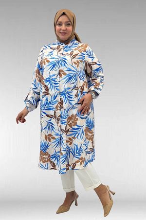 68014 Büyük Beden Hakimyaka Çift Düğmeli Mango Tunik - Desenli Haki