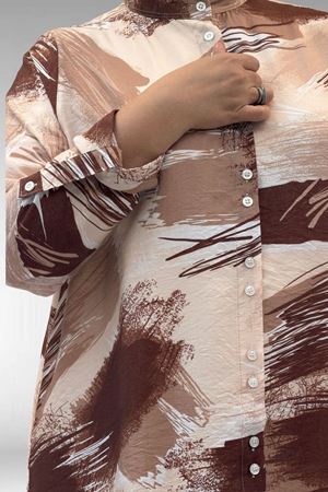 68014 Büyük Beden Hakimyaka Çift Düğmeli Mango Tunik - Desenli Çikolata Kahve