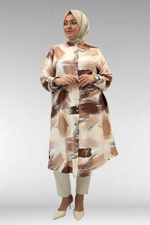 68014 Büyük Beden Hakimyaka Çift Düğmeli Mango Tunik - Desenli Çikolata Kahve