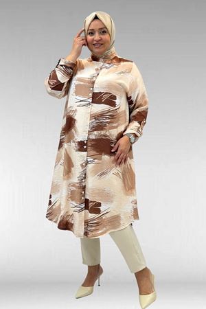 68014 Büyük Beden Hakimyaka Çift Düğmeli Mango Tunik - Desenli Çikolata Kahve