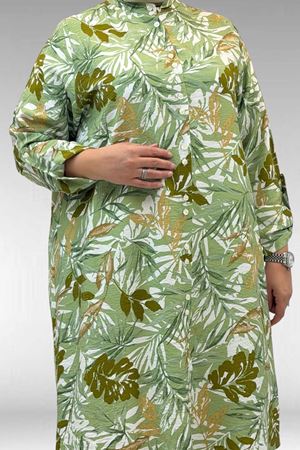68014 Büyük Beden Hakimyaka Çift Düğmeli Mango Tunik - Yaprak Desen Vizon