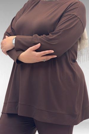 67007 Büyük Beden Kol Ve Etek Ucu Kendinden Ribanalı Pantolonlu Takım - Kahve