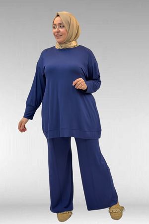 67007 Büyük Beden Kol Ve Etek Ucu Kendinden Ribanalı Pantolonlu Takım - İndigo
