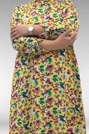 68014 Büyük Beden Hakimyaka Çift Düğmeli Mango Tunik - Desenli Sarı