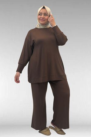 67007 Büyük Beden Kol Ve Etek Ucu Kendinden Ribanalı Pantolonlu Takım - Kahve