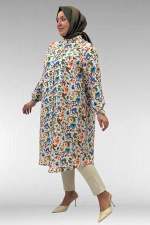 68014 Büyük Beden Hakimyaka Çift Düğmeli Mango Tunik - Desenli Taş