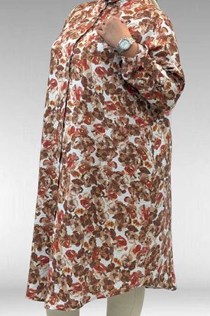 68014 Büyük Beden Hakimyaka Çift Düğmeli Mango Tunik - Çiçek Desenli Kahve
