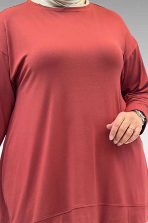 67007 Büyük Beden Kol Ve Etek Ucu Kendinden Ribanalı Pantolonlu Takım - Kiremit