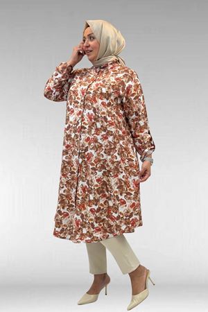 68014 Büyük Beden Hakimyaka Çift Düğmeli Mango Tunik - Çiçek Desenli Kahve