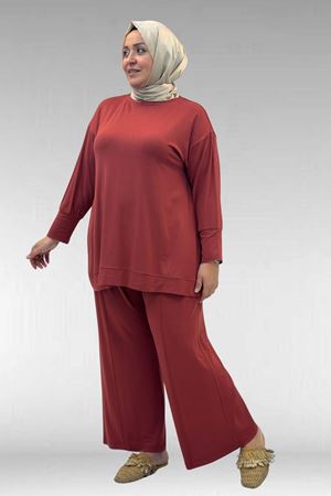 67007 Büyük Beden Kol Ve Etek Ucu Kendinden Ribanalı Pantolonlu Takım - Kiremit