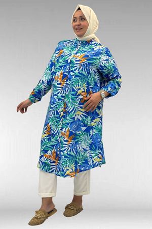 68014 Büyük Beden Hakimyaka Çift Düğmeli Mango Tunik - Desenli Saks