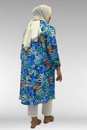 68014 Büyük Beden Hakimyaka Çift Düğmeli Mango Tunik - Desenli Saks