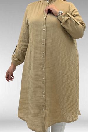 58092 Büyük Beden  Çift Düğme Detaylı Müslin Gömlek - Bej