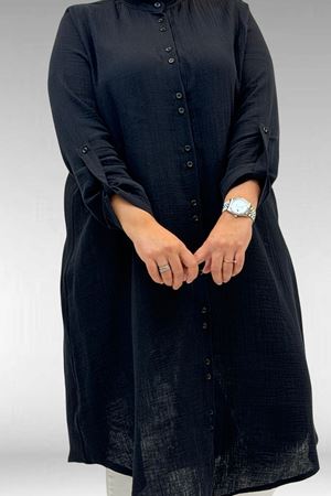 58092 Büyük Beden  Çift Düğme Detaylı Müslin Gömlek - Siyah