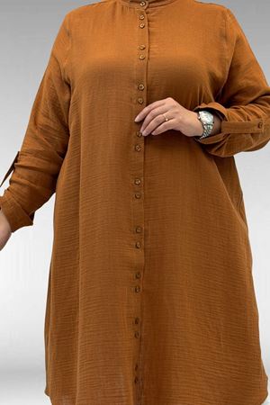 58092 Büyük Beden Çift Düğme Detaylı Müslin Gömlek - Tarçın