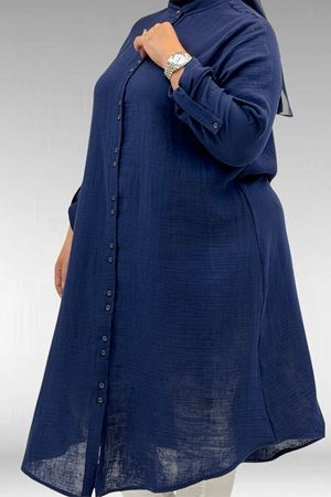 58092 Büyük Beden Çift Düğme Detaylı Müslin Gömlek - Lacivert