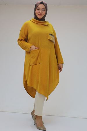 48095 Büyük Beden Yakası Fermuar Detaylı Mir Tunik - Hardal