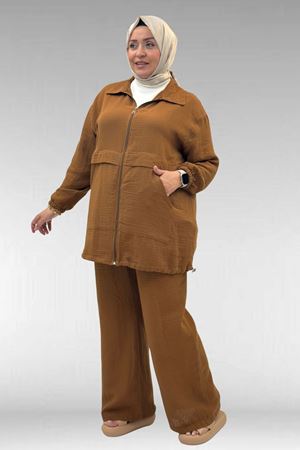 67016 Büyük Beden Kol Ve Etek Ucu Lastik Detaylı Müslin Pantolonlu Takım - Kahve