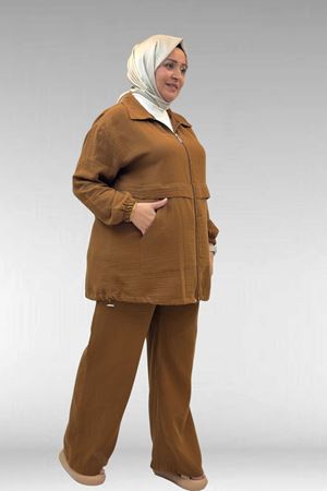 67016 Büyük Beden Kol Ve Etek Ucu Lastik Detaylı Müslin Pantolonlu Takım - Kahve