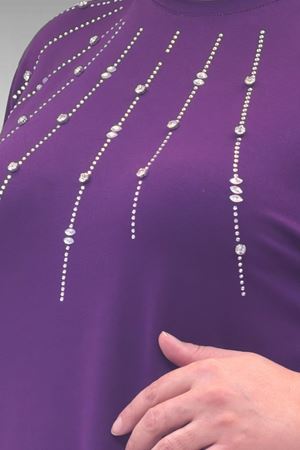 68002 Büyük Beden Önü Güneş Parıltılı Taş Baskılı Penye Tunik - Mürdüm