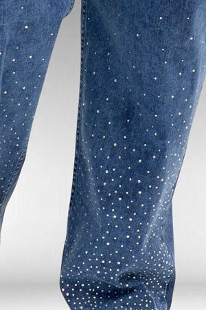 69001 Büyük Beden Beli Lastikli Cep Görünümlü Taşlı Kot Pantolon - Lacivert