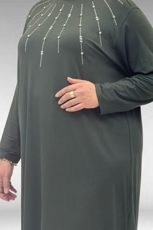 68002 Büyük Beden Önü Güneş Parıltılı Taş Baskılı Penye Tunik - Haki