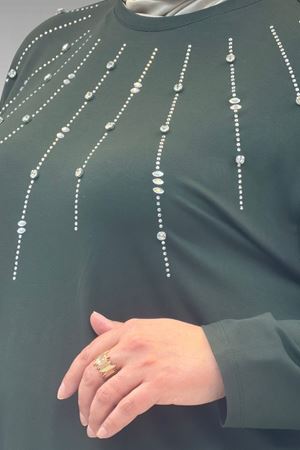 68002 Büyük Beden Önü Güneş Parıltılı Taş Baskılı Penye Tunik - Haki