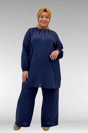 67039 Büyük Beden Yarım Patlı Sıfır Yaka Müslin Pantolonlu Takım - Lacivert
