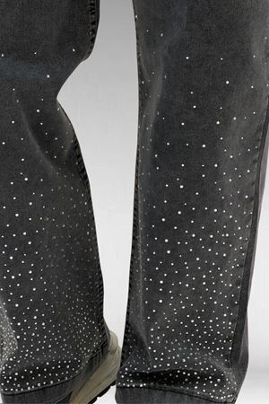 69001 Büyük Beden Beli Lastikli Cep Görünümlü Taşlı Kot Pantolon - Siyah