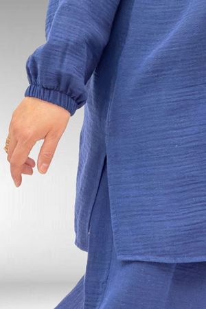 67039 Büyük Beden Yarım Patlı Sıfır Yaka Müslin Pantolonlu Takım - Lacivert