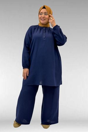67039 Büyük Beden Yarım Patlı Sıfır Yaka Müslin Pantolonlu Takım - Lacivert