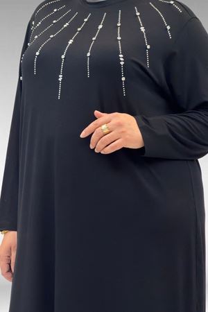 68002 Büyük Beden Önü Güneş Parıltılı Taş Baskılı Penye Tunik - Siyah