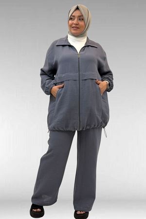 67016 Büyük Beden Kol Ve Etek Ucu Lastik Detaylı Müslin Pantolonlu Takım - Antrasit