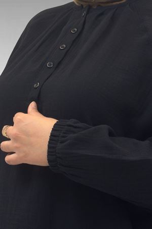 67039 Büyük Beden Yarım Patlı Sıfır Yaka Müslin Pantolonlu Takım - Siyah