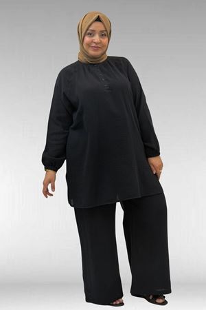 67039 Büyük Beden Yarım Patlı Sıfır Yaka Müslin Pantolonlu Takım - Siyah
