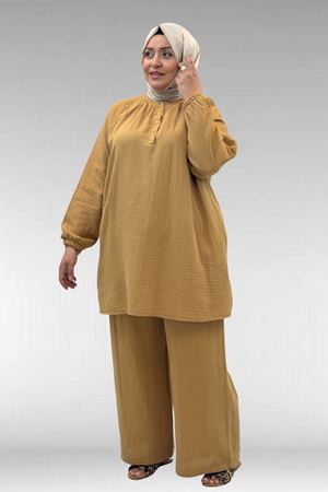 67039 Büyük Beden Yarım Patlı Sıfır Yaka Müslin Pantolonlu Takım - Bisküvi